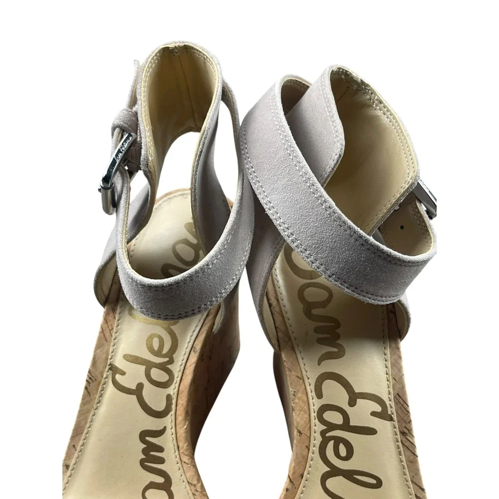 Sam Edelman Women Light Gray Suede Cork Wedge Sandals Size 6.5 Ankle Strap Shoes